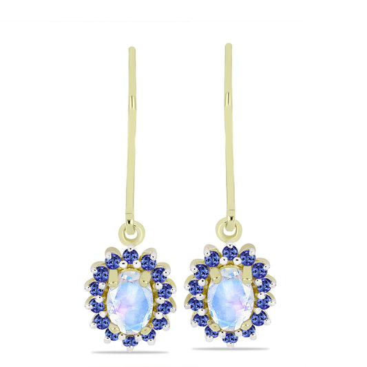 Arannyal Bevont Ezüst Fülbevaló Szivárvány Holdkővel és Tanzanittal