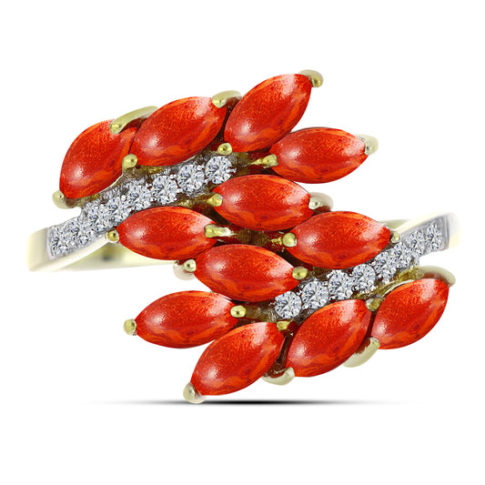 Arannyal Bevont Ezüst Gyűrű Vörös Szivacs Korallal és Fehér Topázzal