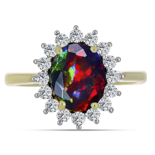 Arannyal Bevont Ezüst Gyűrű Lega Dembi Éjfekete Etiópiai Opállal és Fehér Topázzal