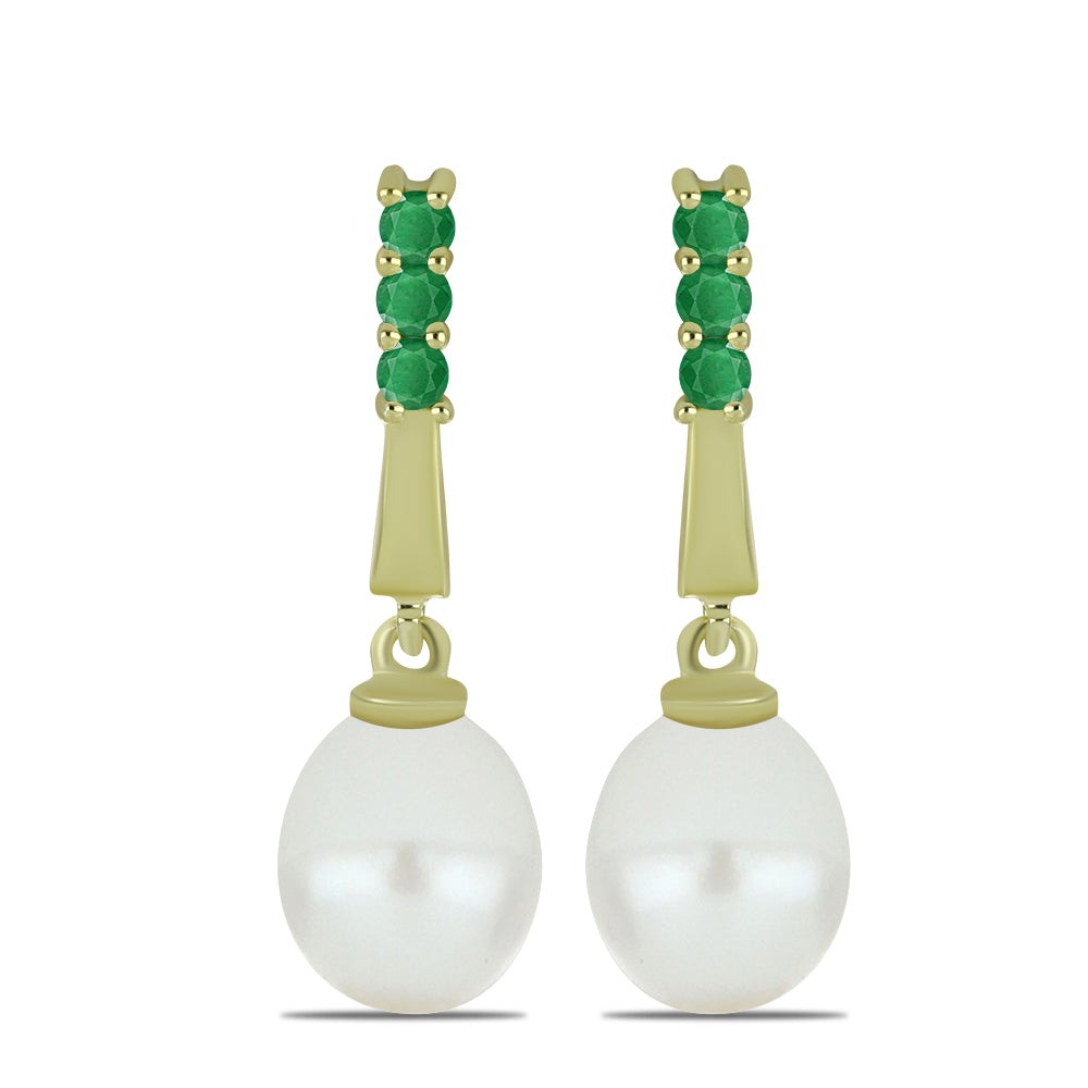 Arannyal Bevont Ezüst Fülbevaló Fehér Édesvízi Kagylógyönggyel és Brazil Smaragddal