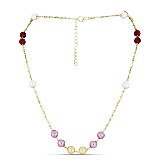 Arannyal Bevont Ezüst Nyaklánc Fehér Édesvízi Kagylógyönggyel és Barackszínű Édesvízi Kagylógyönggyel