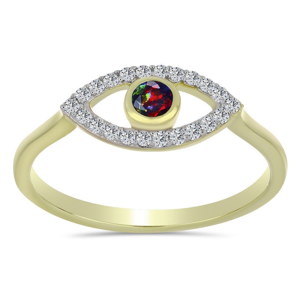 Arannyal Bevont Ezüst Gyűrű Lega Dembi Éjfekete Etiópiai Opállal és Fehér Topázzal 3 