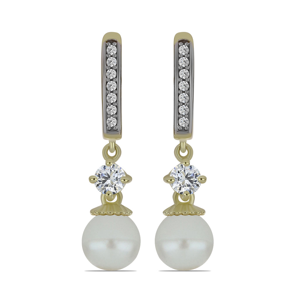 Arannyal Bevont Ezüst Fülbevaló Fehér Édesvízi Kagylógyönggyel és Fehér Topázzal 1 