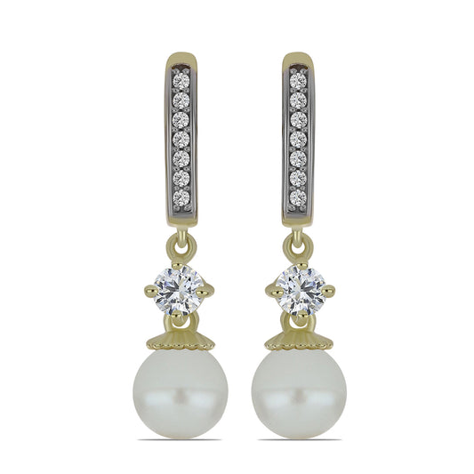 Arannyal Bevont Ezüst Fülbevaló Fehér Édesvízi Kagylógyönggyel és Fehér Topázzal