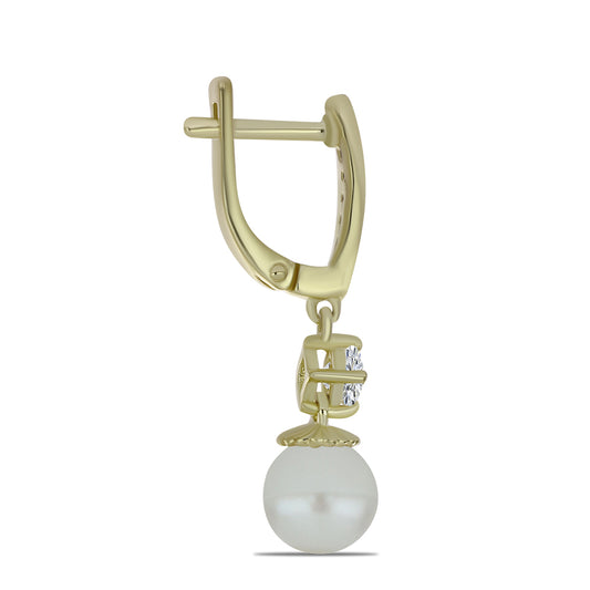 Arannyal Bevont Ezüst Fülbevaló Fehér Édesvízi Kagylógyönggyel és Fehér Topázzal