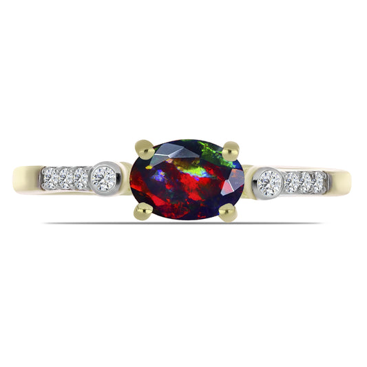 Arannyal Bevont Ezüst Gyűrű Lega Dembi Éjfekete Etiópiai Opállal és Fehér Topázzal