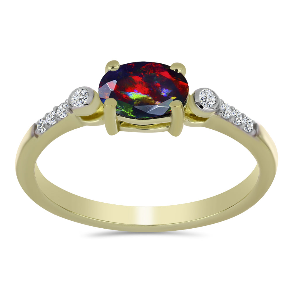 Arannyal Bevont Ezüst Gyűrű Lega Dembi Éjfekete Etiópiai Opállal és Fehér Topázzal