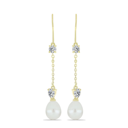 Arannyal Bevont Ezüst Fülbevaló Fehér Édesvízi Kagylógyönggyel és Fehér Topázzal