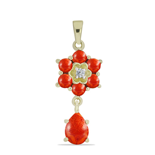 Arannyal Bevont Ezüst Medál Vörös Szivacs Korallal és Fehér Topázzal