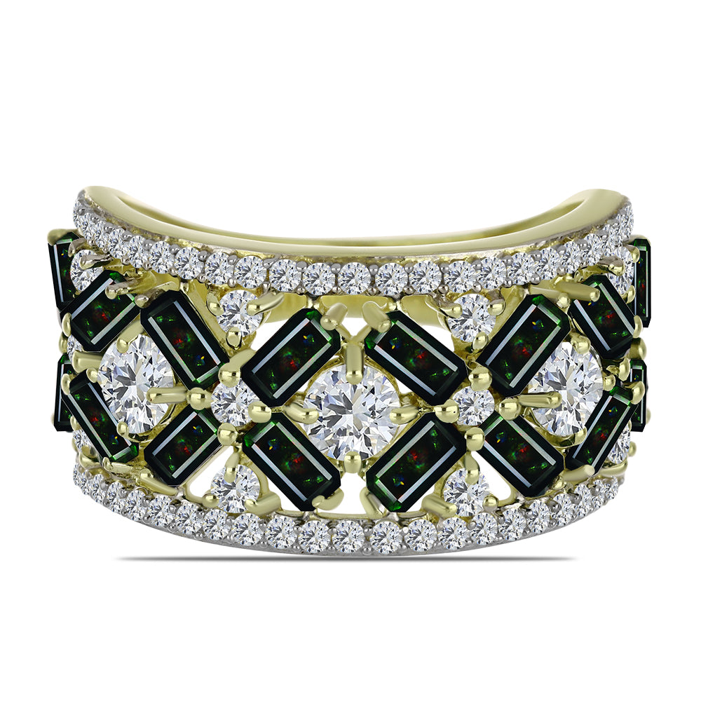 Arannyal Bevont Ezüst Gyűrű Lega Dembi Éjfekete Etiópiai Opállal és Fehér Topázzal