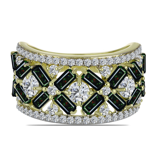 Arannyal Bevont Ezüst Gyűrű Lega Dembi Éjfekete Etiópiai Opállal és Fehér Topázzal