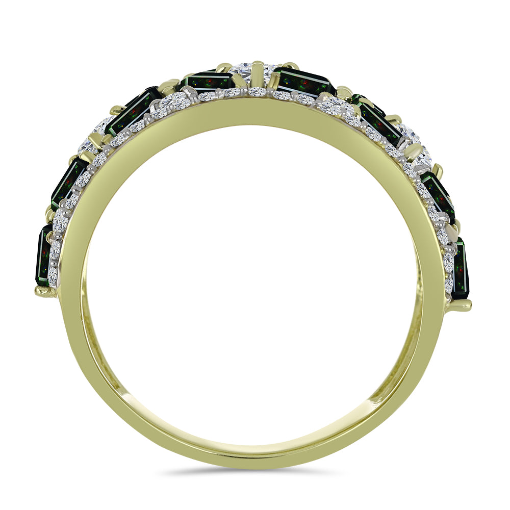 Arannyal Bevont Ezüst Gyűrű Lega Dembi Éjfekete Etiópiai Opállal és Fehér Topázzal