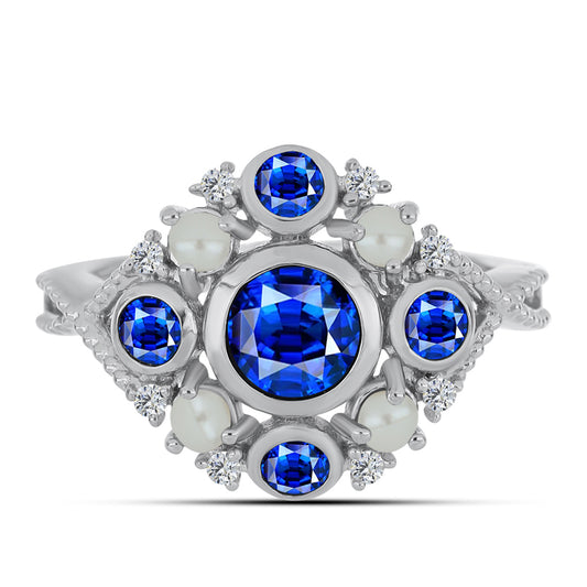 Ezüst Gyűrű Ausztrál Kék Zafírral és Fehér Édesvízi Kagylógyönggyel