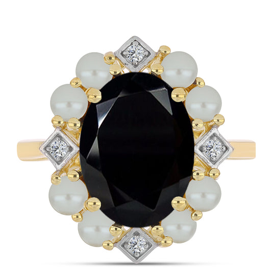 Arannyal Bevont Ezüst Gyűrű "Tahiti-zöld" illúzió édesvízi Kagylógyönggyel és Fekete Onixszal