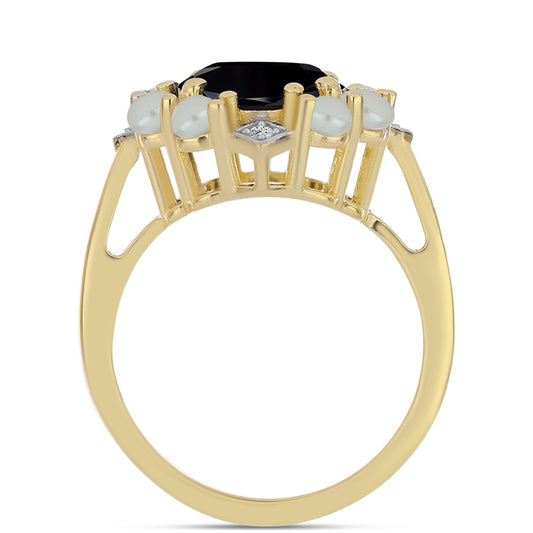 Arannyal Bevont Ezüst Gyűrű "Tahiti-zöld" illúzió édesvízi Kagylógyönggyel és Fekete Onixszal