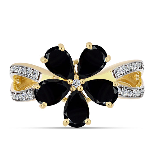 Arannyal Bevont Ezüst Gyűrű Fekete Onixszal és Fehér Topázzal