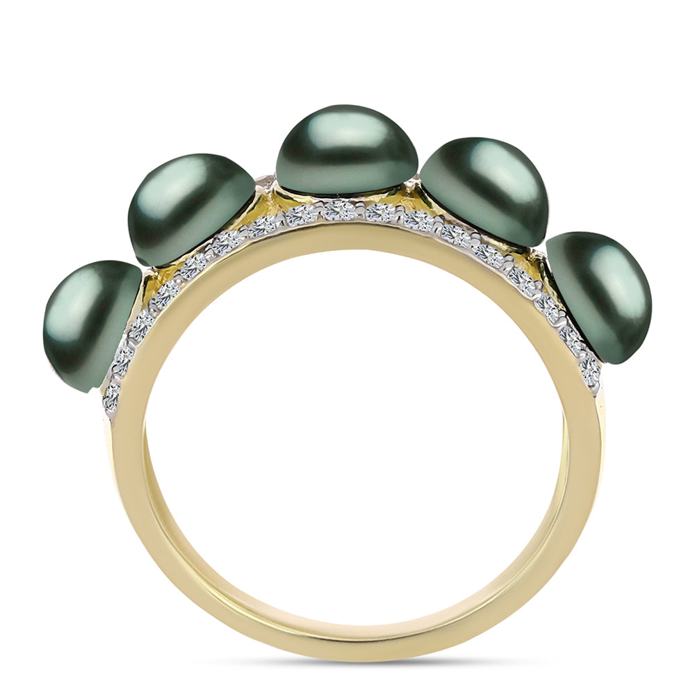 Arannyal Bevont Ezüst Gyűrű "Tahiti-zöld" illúzió édesvízi Kagylógyönggyel és Fehér Topázzal