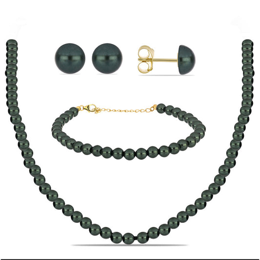 Arannyal Bevont Ezüst Szett "Tahiti-zöld" illúzió édesvízi Kagylógyönggyel ( Nyaklánc+Fülbevaló+Karkötő )