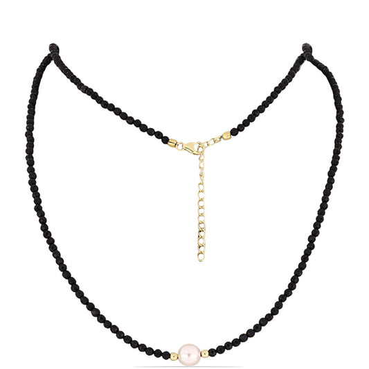 Arannyal Bevont Ezüst Nyaklánc Fekete Onixszal és Fehér Édesvízi Kagylógyönggyel