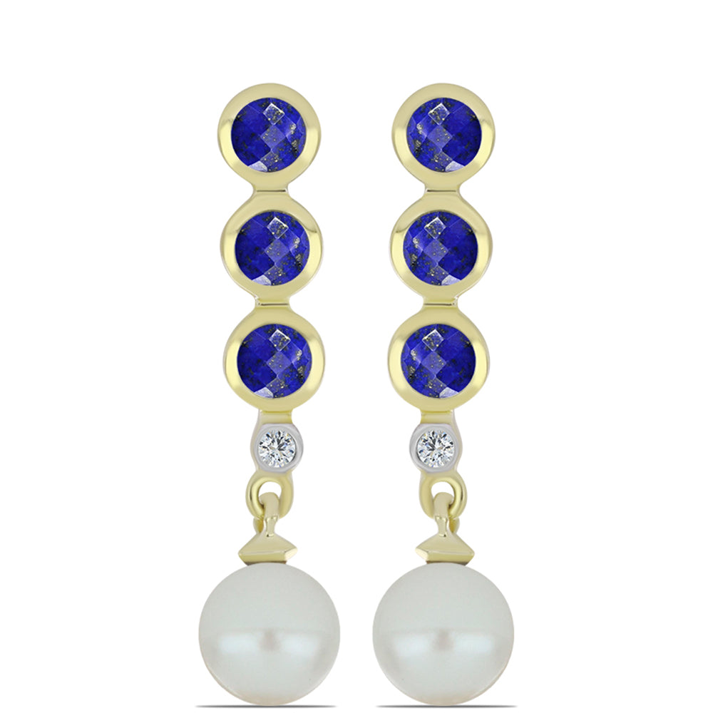 Arannyal Bevont Ezüst Fülbevaló Lapisz Lazulival és Fehér Édesvízi Kagylógyönggyel 1 