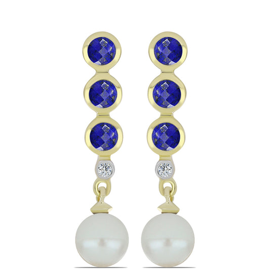 Arannyal Bevont Ezüst Fülbevaló Lapisz Lazulival és Fehér Édesvízi Kagylógyönggyel