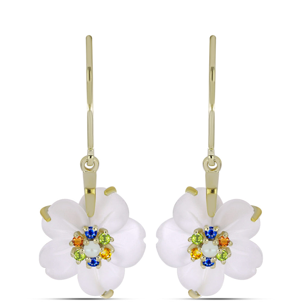 Arannyal Bevont Ezüst Fülbevaló Szivárvány Zafírral és Fehér Édesvízi Kagylógyönggyel