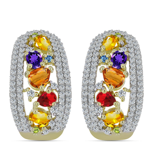 Arannyal Bevont Ezüst Fülbevaló Szivárvány Zafírral és Fehér Topázzal