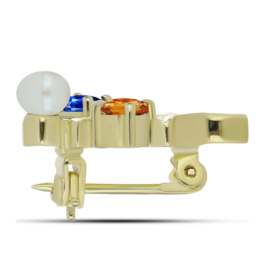 Arannyal Bevont Ezüst Bross Szivárvány Zafírral és Fehér Édesvízi Kagylógyönggyel