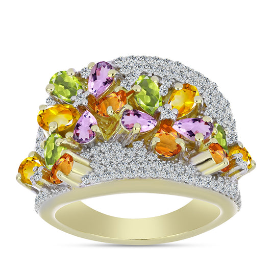 Arannyal Bevont Ezüst Gyűrű Szivárvány Zafírral és Fehér Topázzal