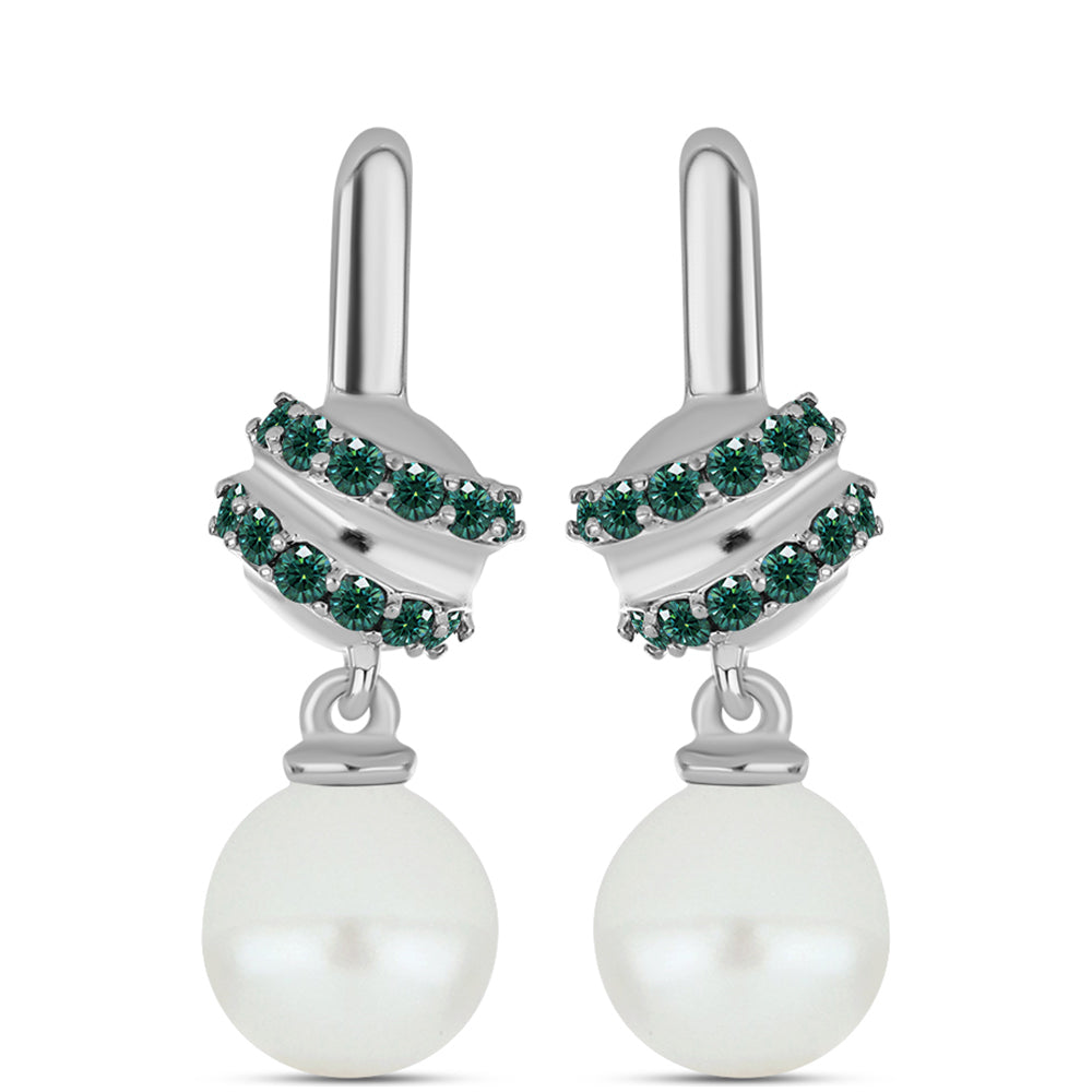 Ezüst Fülbevaló Zöldes Tengerkék Moissanite-tal és Fehér Édesvízi Kagylógyönggyel