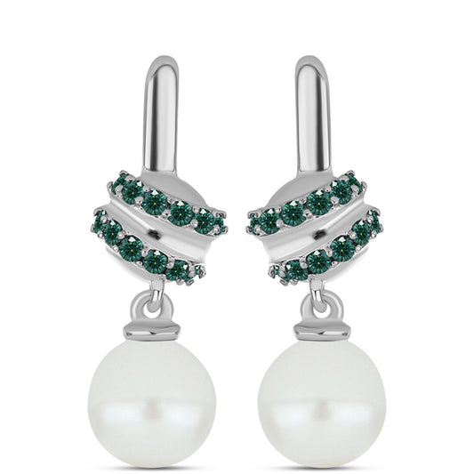 Ezüst Fülbevaló Zöldes Tengerkék Moissanite-tal és Fehér Édesvízi Kagylógyönggyel