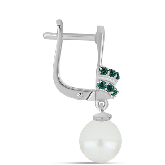 Ezüst Fülbevaló Zöldes Tengerkék Moissanite-tal és Fehér Édesvízi Kagylógyönggyel
