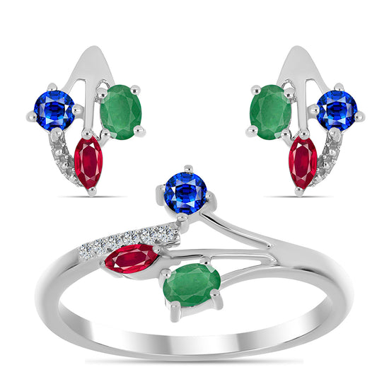 Ezüst Szett Madagaszkári Rubinnal és Brazil Smaragddal ( Fülbevaló+Gyűrű )