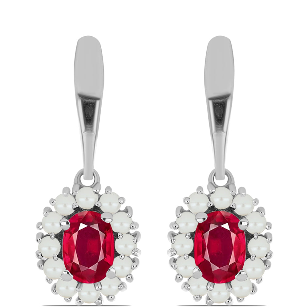 Ezüst Fülbevaló Madagaszkári Rubinnal és Fehér Édesvízi Kagylógyönggyel