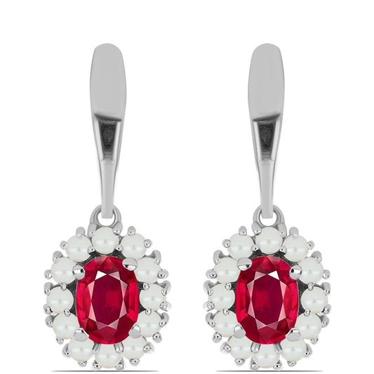Ezüst Fülbevaló Madagaszkári Rubinnal és Fehér Édesvízi Kagylógyönggyel