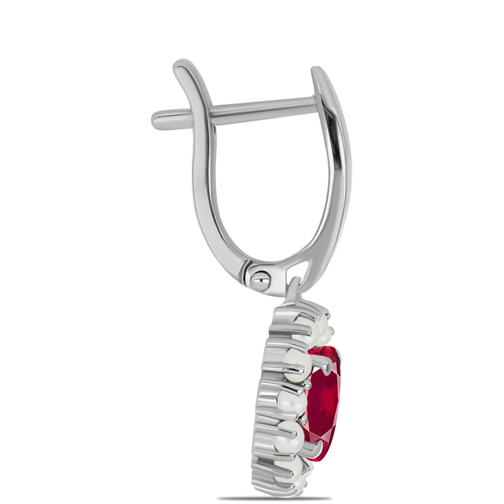 Ezüst Fülbevaló Madagaszkári Rubinnal és Fehér Édesvízi Kagylógyönggyel 2 