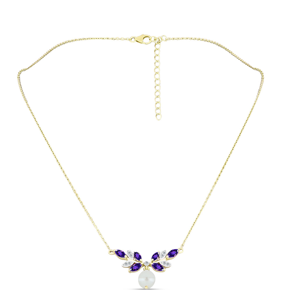 Arannyal Bevont Ezüst Nyaklánc Marokkói Ametiszttel és Fehér Édesvízi Kagylógyönggyel