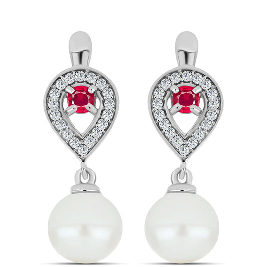 Ezüst Fülbevaló Madagaszkári Rubinnal és Fehér Édesvízi Kagylógyönggyel