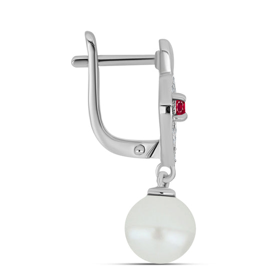 Ezüst Fülbevaló Madagaszkári Rubinnal és Fehér Édesvízi Kagylógyönggyel