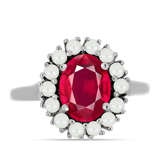 Ezüst Gyűrű Madagaszkári Rubinnal és Fehér Édesvízi Kagylógyönggyel
