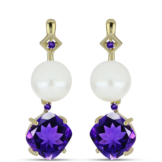 Arannyal Bevont Ezüst Fülbevaló Marokkói Ametiszttel és Fehér Édesvízi Kagylógyönggyel