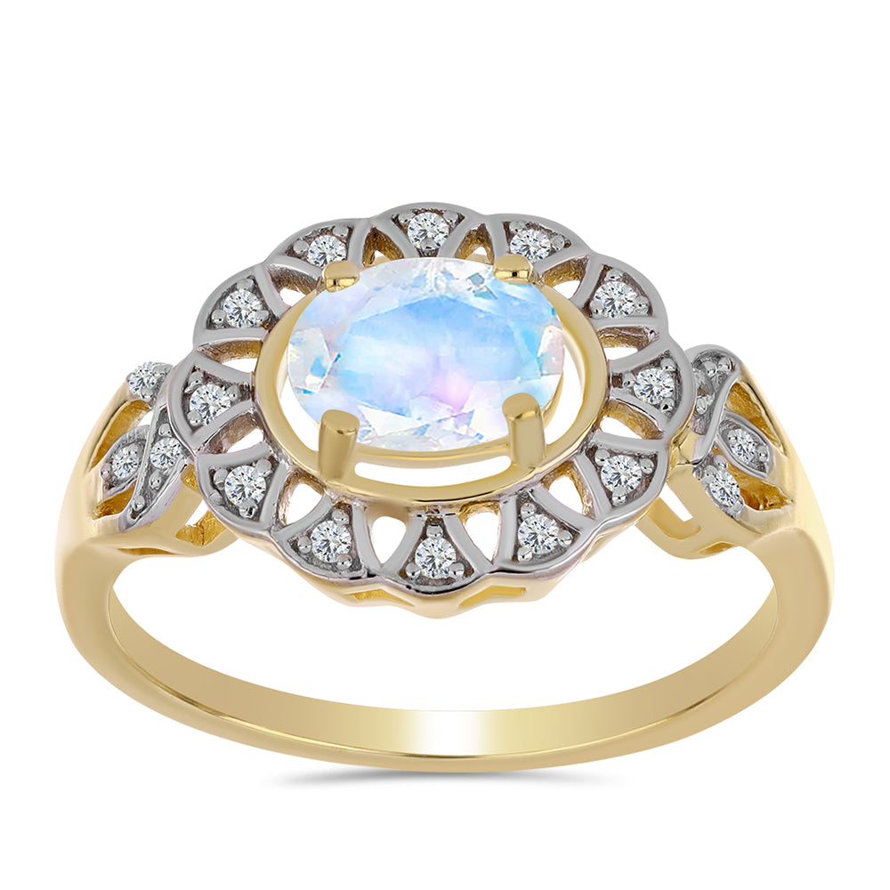 Arannyal Bevont Ezüst Gyűrű Szivárvány Holdkővel és Fehér Topázzal 3 