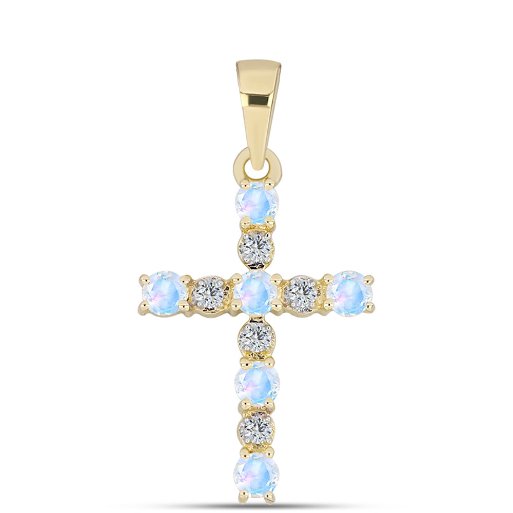 Kereszt Arannyal Bevont Ezüst Medál Szivárvány Holdkővel és Fehér Topázzal 1 
