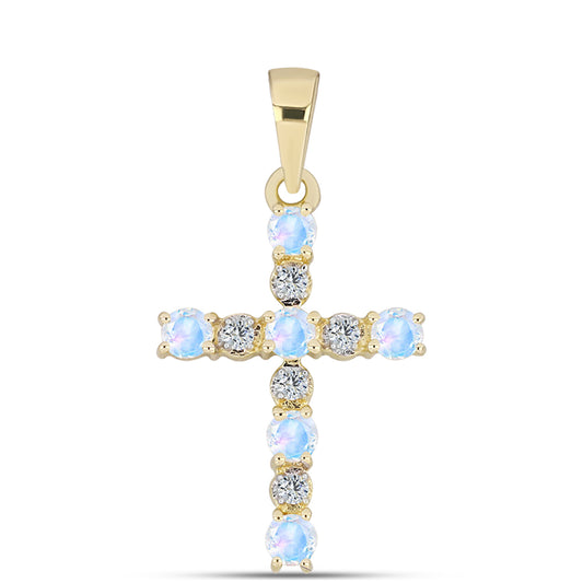 Kereszt Arannyal Bevont Ezüst Medál Szivárvány Holdkővel és Fehér Topázzal