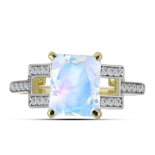 Arannyal Bevont Ezüst Gyűrű Szivárvány Holdkővel és Fehér Topázzal