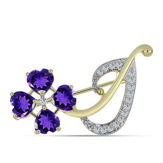Arannyal Bevont Ezüst Bross Marokkói Ametiszttel és Fehér Topázzal