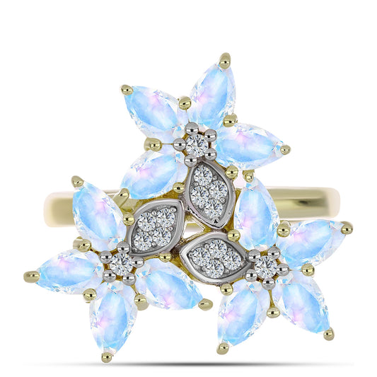 Arannyal Bevont Ezüst Gyűrű Szivárvány Holdkővel és Fehér Topázzal