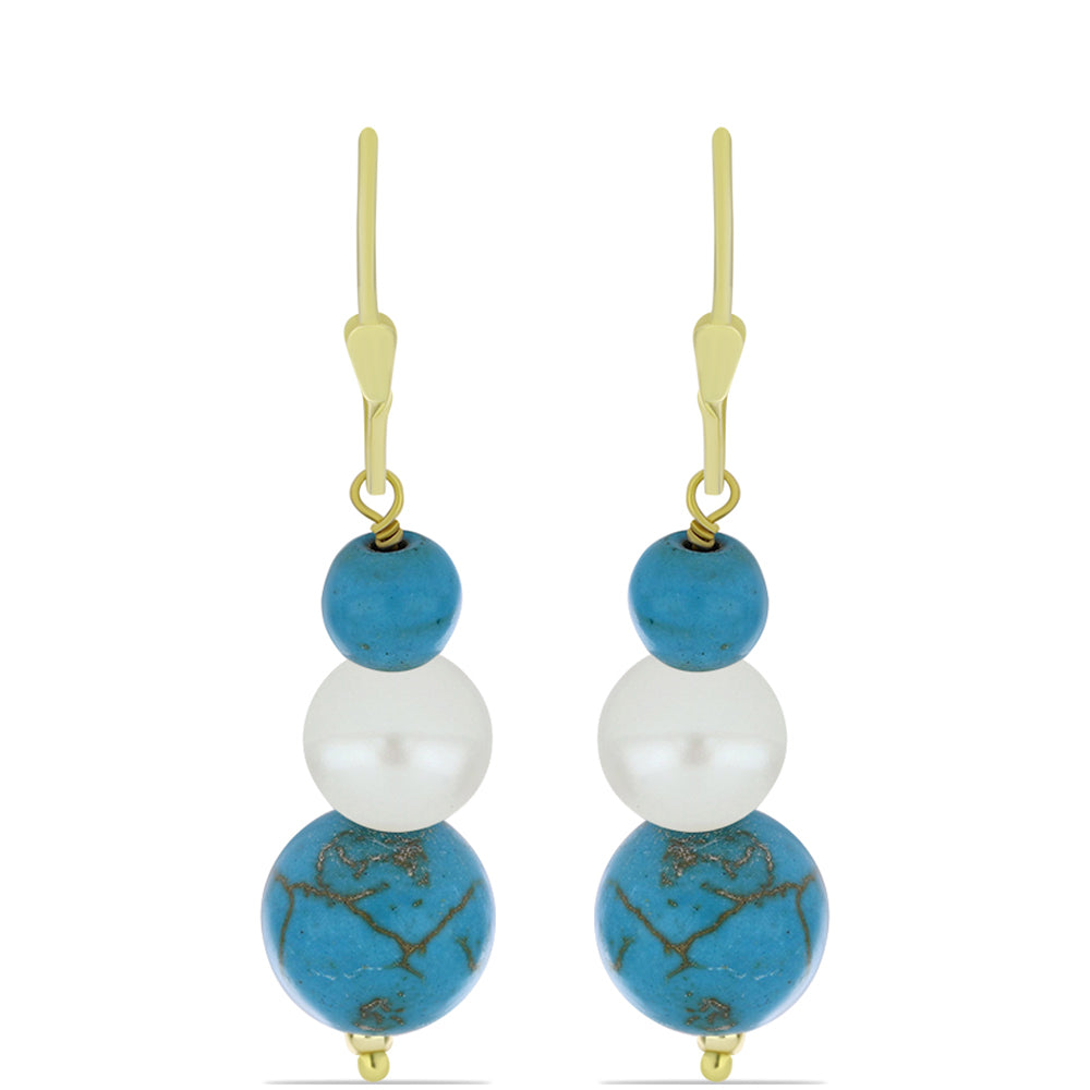 Arannyal Bevont Ezüst Fülbevaló Csipkerózsika Türkizzel és Fehér Édesvízi Kagylógyönggyel