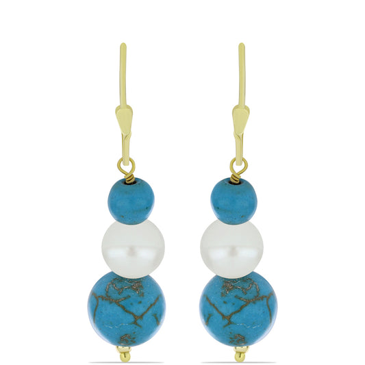 Arannyal Bevont Ezüst Fülbevaló Csipkerózsika Türkizzel és Fehér Édesvízi Kagylógyönggyel