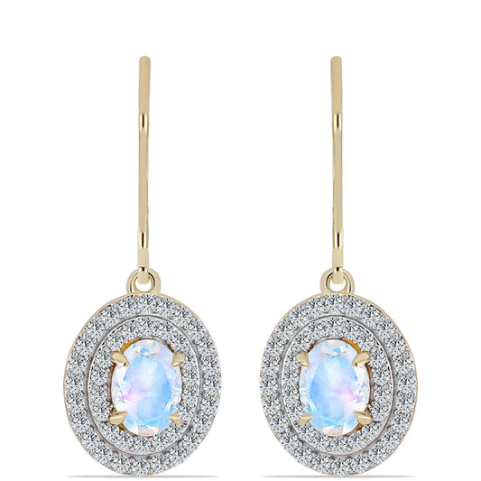 Arannyal Bevont Ezüst Fülbevaló Szivárvány Holdkővel és Fehér Topázzal